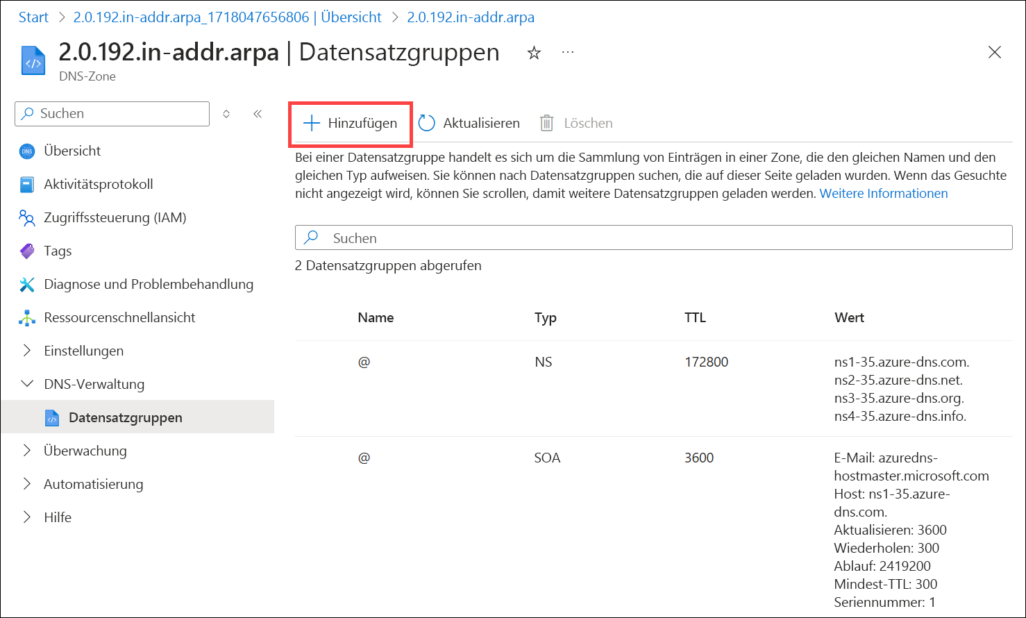 Screenshot zum Hinzufügen eines IPv4-Reverse-DNS-Eintrags zu einer DNS-Zone.