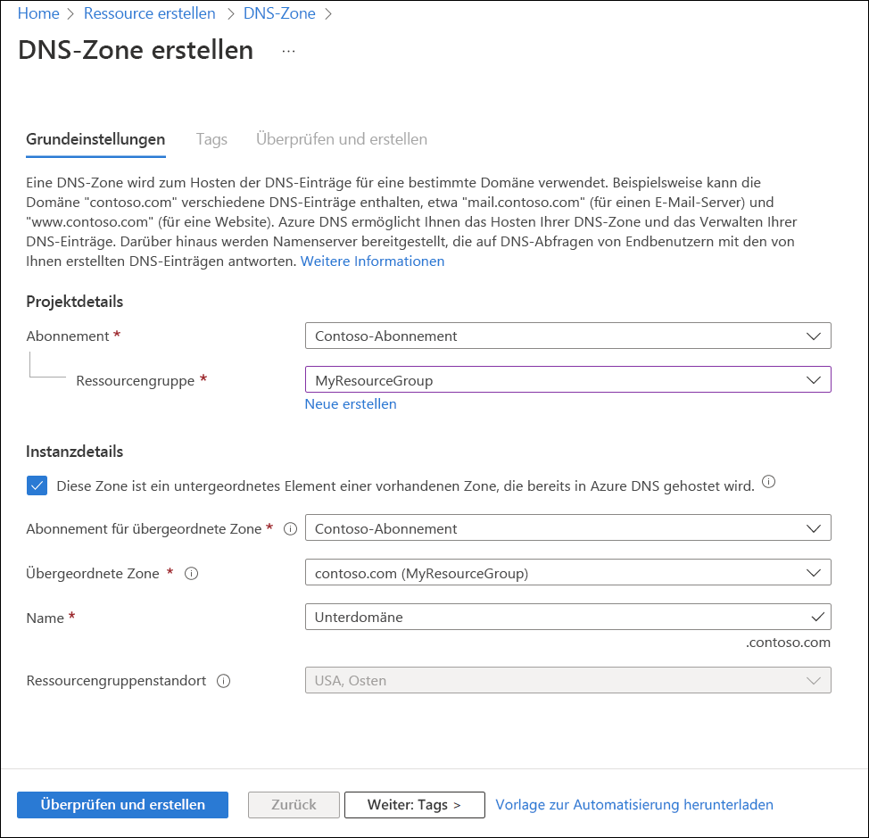 Screenshot der Seite „DNS-Zone erstellen“, auf die über die Schaltfläche „Erstellen“ der Seite „DNS-Zone“ zugegriffen wird.