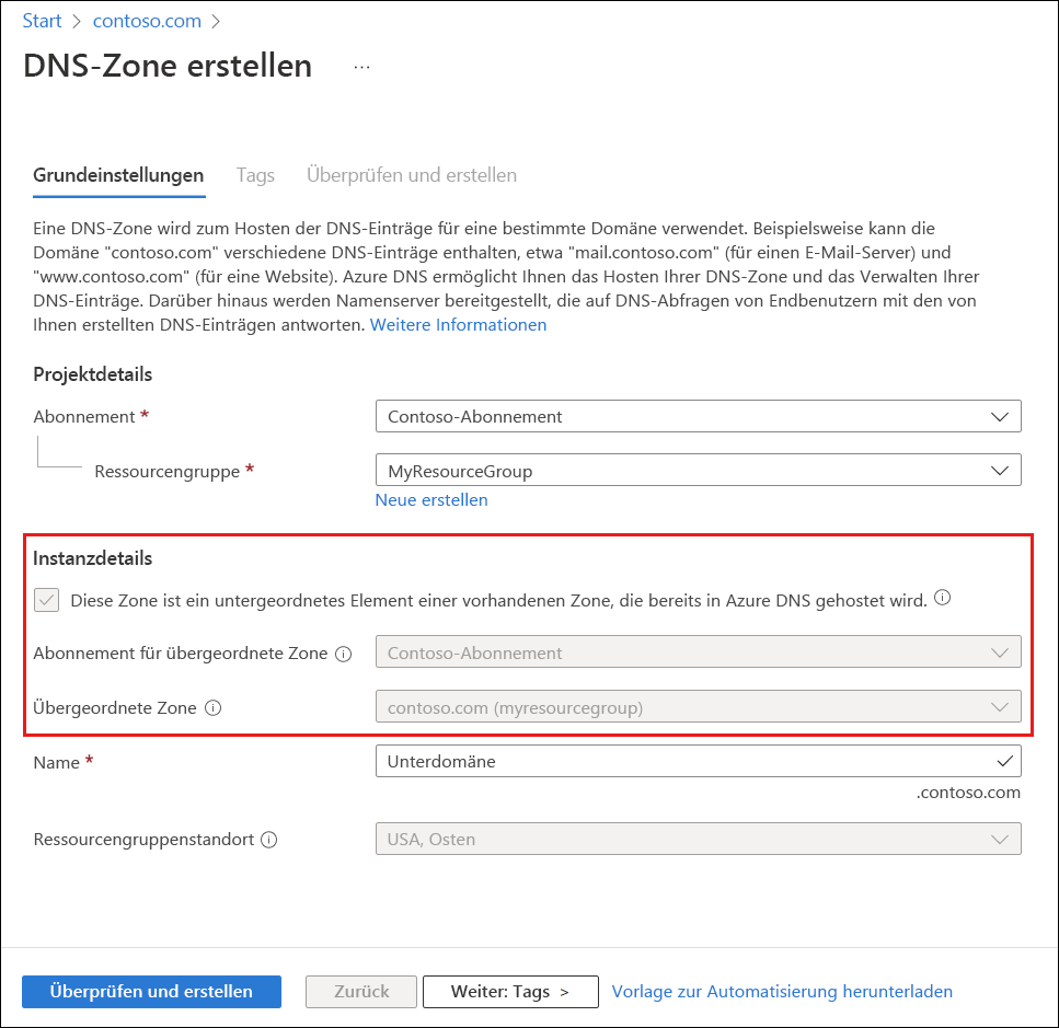 Screenshot der Seite „DNS-Zone erstellen“, auf die über die Schaltfläche „Untergeordnete Zone hinzufügen“ zugegriffen wird.