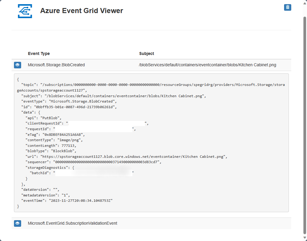 Screenshot showing the Event Grid Viewer page with the Blob Created event.