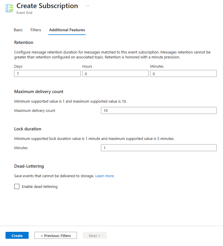 Screenshot der Registerkarte „Zusätzliche Features“ beim Erstellen eines Event Grid-Ereignisabonnements.