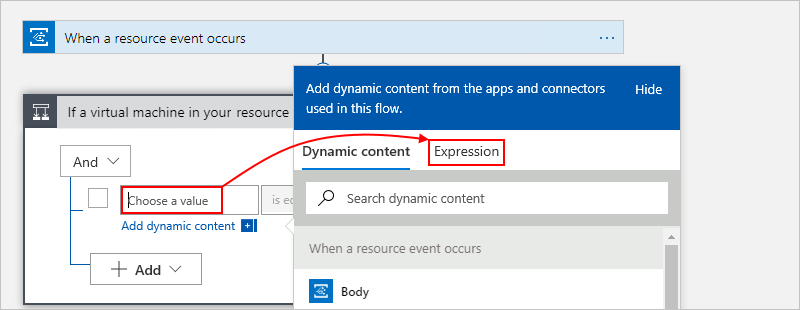 Screenshot: Workflow-Designer mit der Aktion „Bedingung“ und der geöffneten Liste mit dynamischem Inhalt mit ausgewählter Option „Ausdruck“