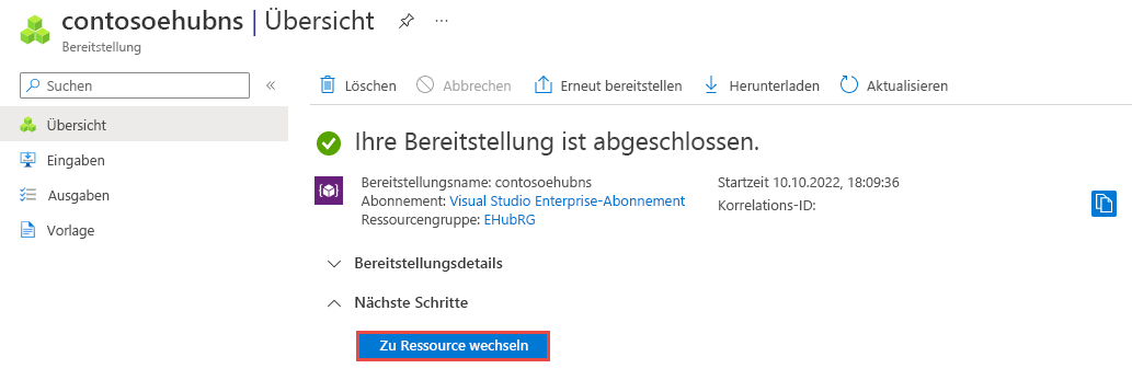 Screenshot: Seite „Bereitstellung abgeschlossen“ mit dem Link zur Ressource.