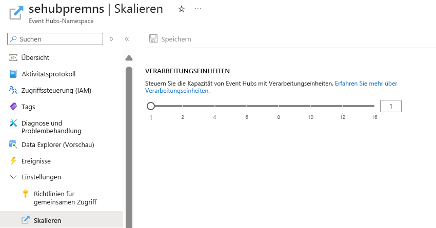 Screenshot der Seite „Skalieren” eines vorhandenen Premium-Namespace mit konfigurierten Verarbeitungseinheiten.