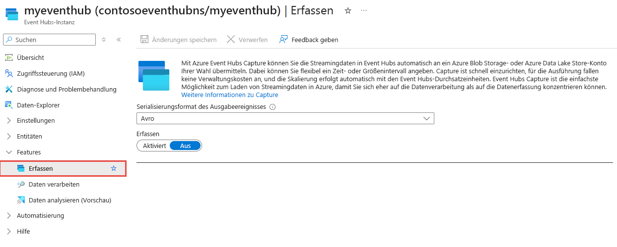 Screenshot: Seite „Capture“ für den Event Hub.