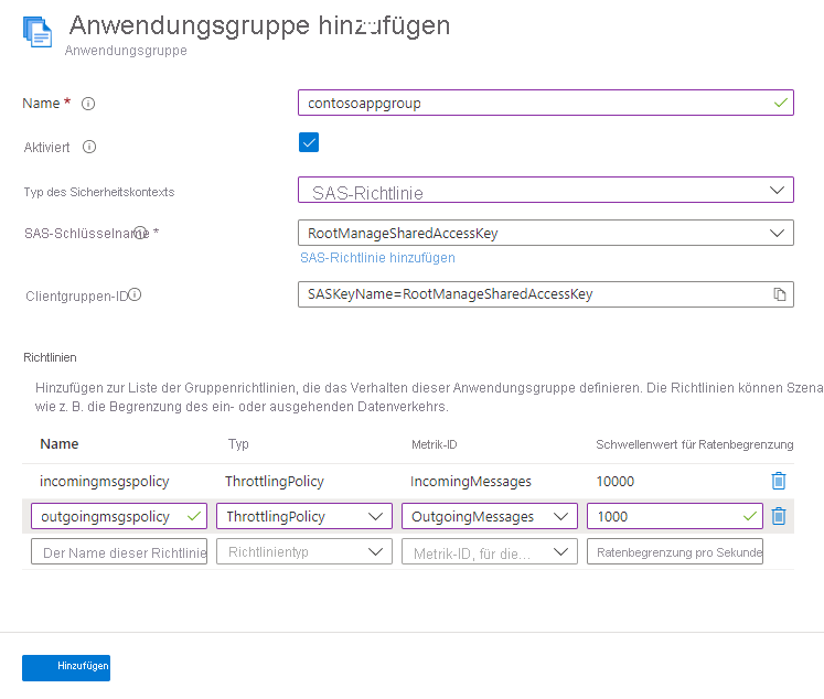 Screenshot: Seite „Anwendungsgruppe hinzufügen“ mit zwei Richtlinien.