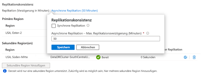 Screenshot: Benutzeroberfläche für Replikationskonsistenz auf der Georeplikationsbenutzeroberfläche