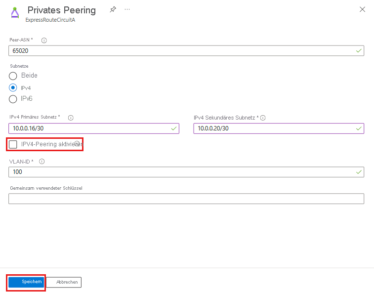 Screenshot: Seite mit den Einstellungen für das private Peering für eine ExpressRoute-Leitung