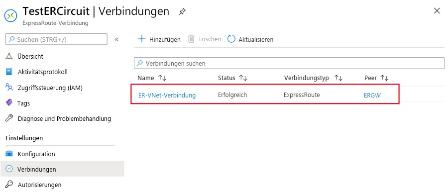 Screenshot einer erstellten Verbindungsressource.