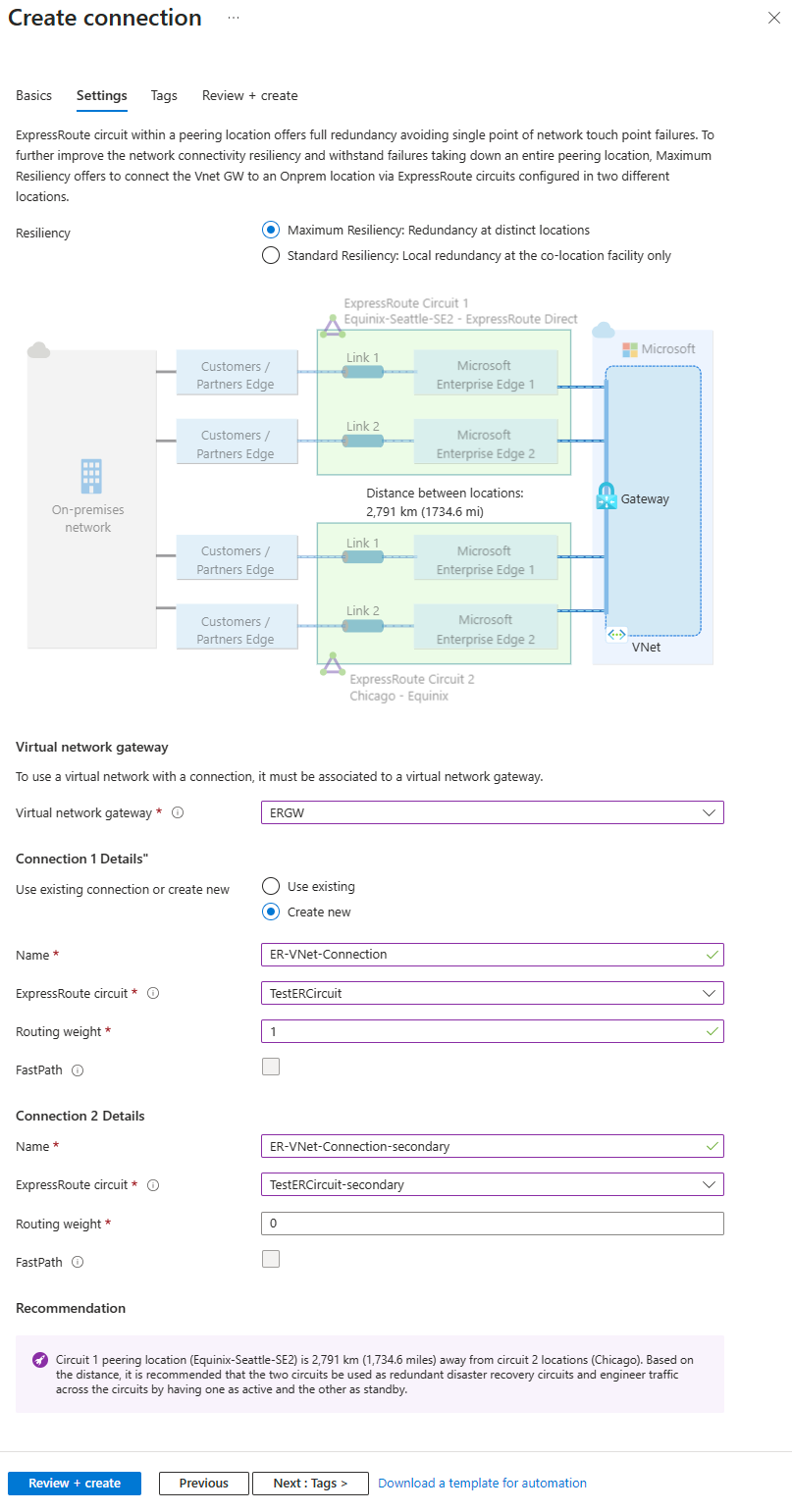 Screenshot der Seite „Einstellungen“ für maximale Resilienz von ExpressRoute-Verbindungen zu einem virtuellen Netzwerkgateway.