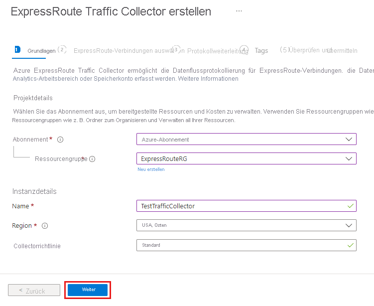 Der Screenshot der Grundlagen-Seite zum Erstellen eines ExpressRoute-Traffic Collectors.