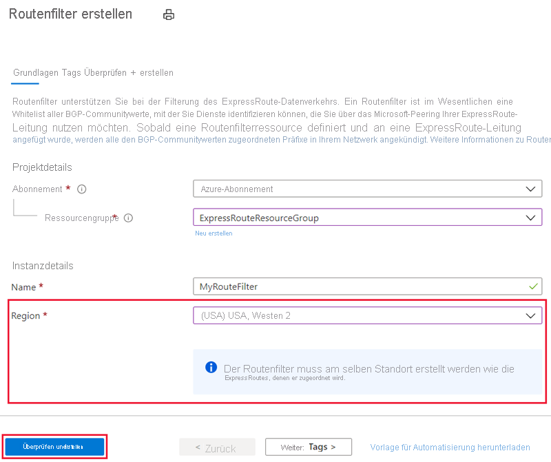 Screenshot: Seite „Routenfilter erstellen“ mit Beispielwerten