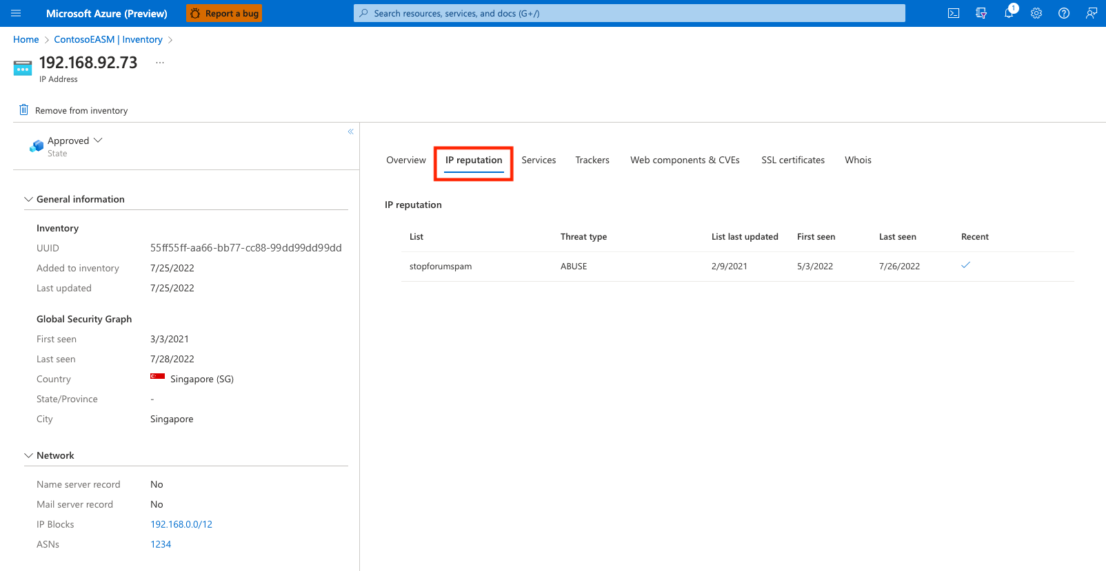 Screenshot der Registerkarte „IP-Zuverlässigkeit“ der Seite „Ressourcendetails“