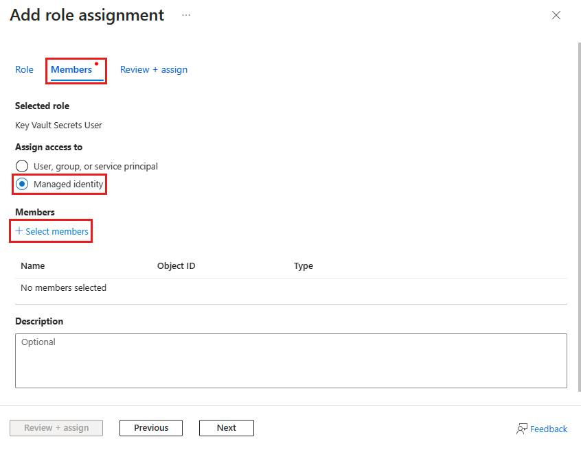 Screenshot der Registerkarte „Mitglieder“ für die Seite „Rollenzuweisung hinzufügen“ für einen Key Vault.