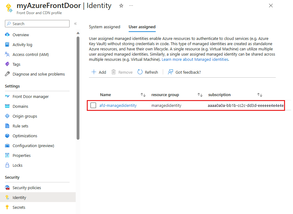 Screenshot: Hinzufügen einer benutzerseitig zugewiesenen verwalteten Identität zum Front Door-Profile.