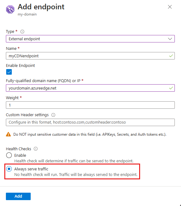 Screenshot des Hinzufügens von Azure CDN von Edgio als Endpunkt in Azure Traffic Manager.