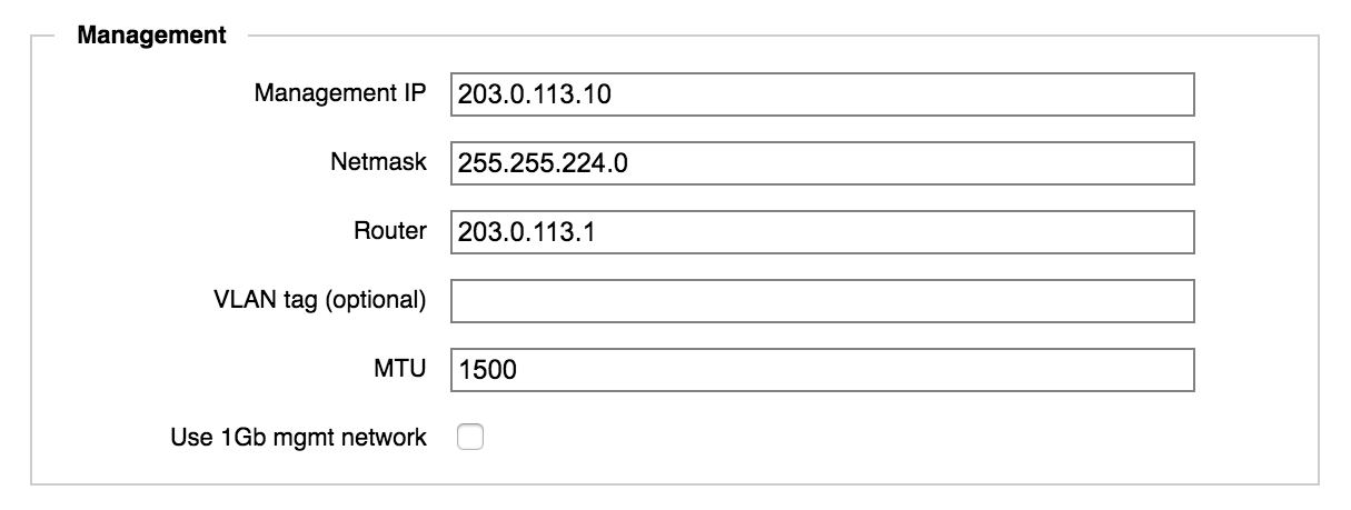 Details des Abschnitts „Management“ (Verwaltung) mit Feldern für 5 Optionen und einem Kontrollkästchen für ein 1-GBit-Verwaltungsnetzwerk