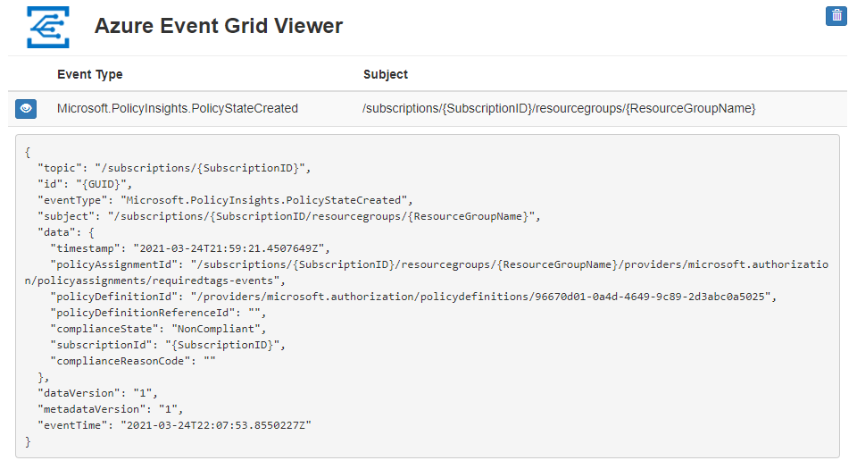 Screenshot: Event Grid-Abonnement des Ereignisses „PolicyStateCreated“ für die Ressourcengruppe in der vorgefertigten Web-App.