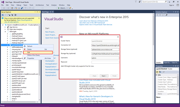 Bearbeiten eines verknüpften Clusters, HDInsight, Visual Studio.