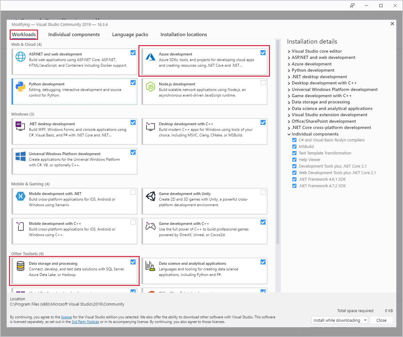 Workloadauswahl, Visual Studio-Installer.