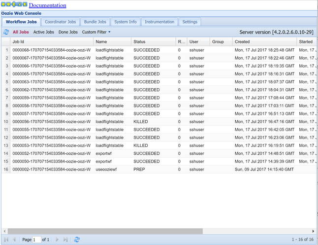 Workflows in der HDI Oozie-Webkonsole.