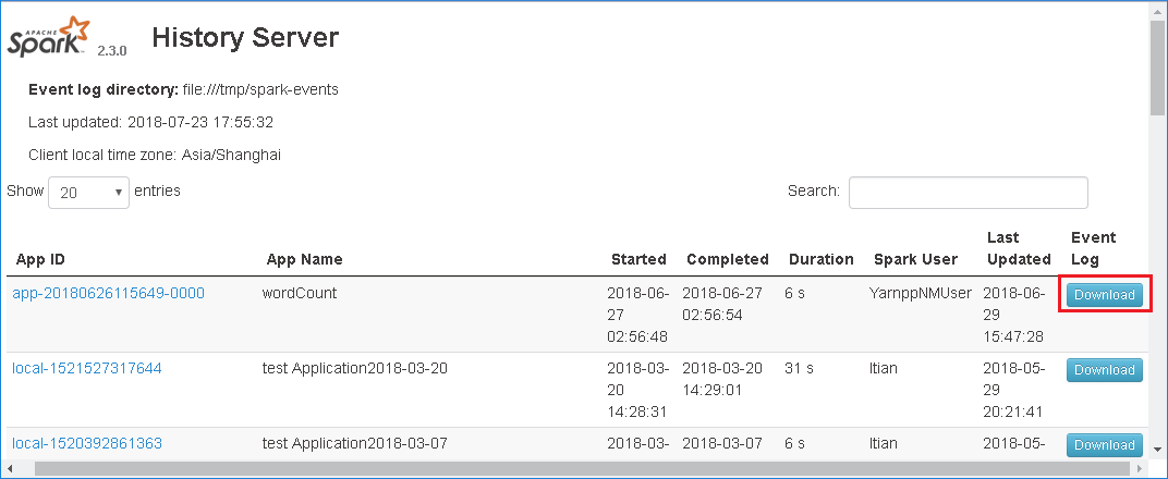 Download the event in the Spark History Server UI.