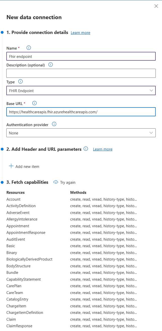 Screen shot of a new FHIR data connection, n fetched