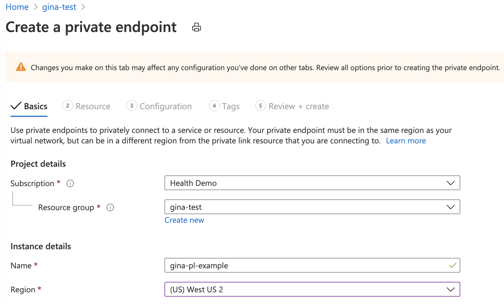 Registerkarte „Grundlagen“ im Azure-Portal