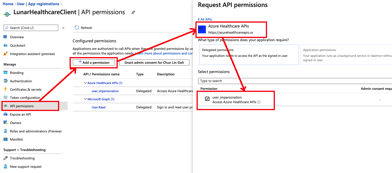 Screenshot: Blatt zum Hinzufügen von API-Berechtigungen, auf dem die Schritte zum Hinzufügen von API-Berechtigungen hervorgehoben sind