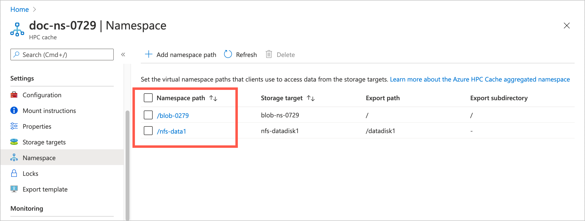 Screenshot der Portalseite „Einstellungen“ > „Namespace“ mit einem Hervorhebungsrahmen um die erste Spalte der Tabelle „Namespacepfad“