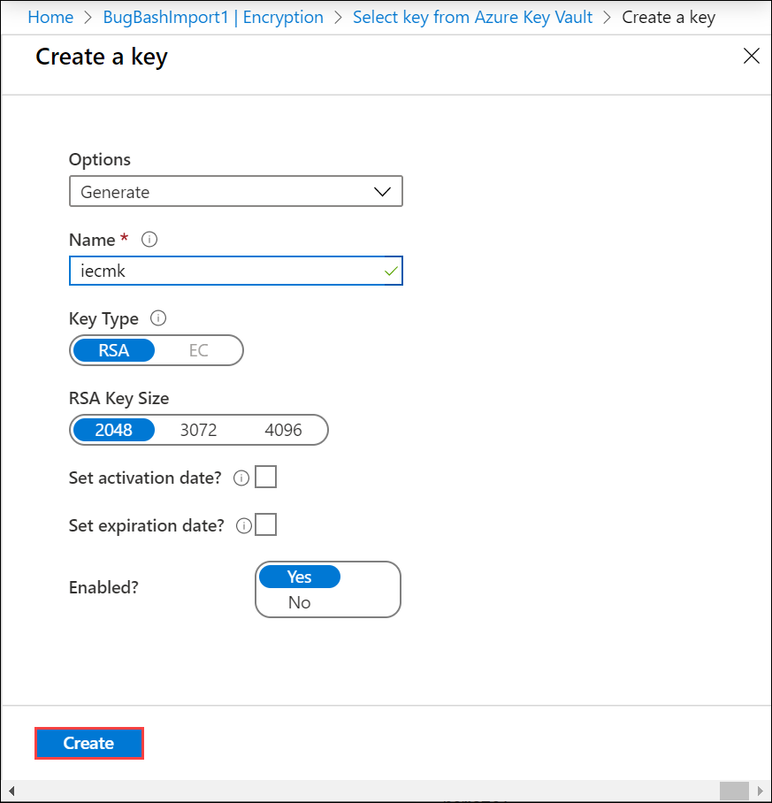 Screenshot des Bildschirms „Erstellen eines Schlüssels“ für Azure Key Vault. Die Schaltfläche „Erstellen“ ist hervorgehoben.