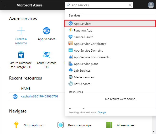 Screenshot des Azure-Portals: Suchfeld mit Auswahl von „App Services“