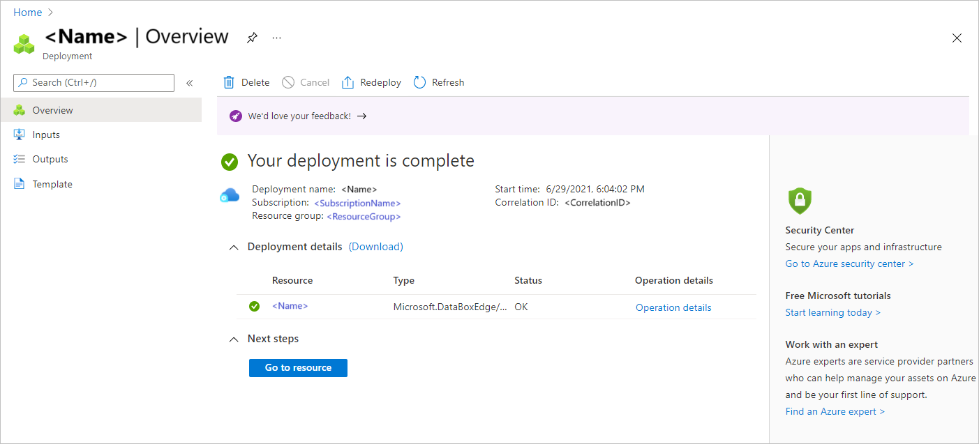 Screenshot: Abgeschlossene Verwaltungsressource in Azure Stack Edge