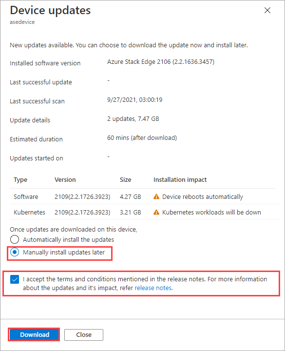 Auswählen der Option „Updates später manuell installieren“