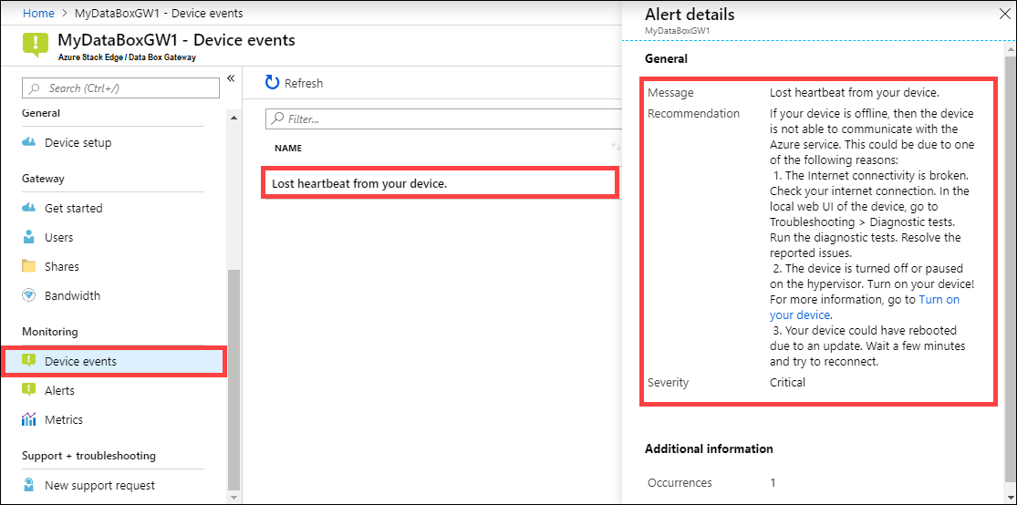 Screenshot: Warnungsdetails auf dem Blatt „Geräteereignisse“ im Azure-Portal. Das Menüelement „Geräteereignisse“, die Warnung und die Warnungsdetails sind hervorgehoben.