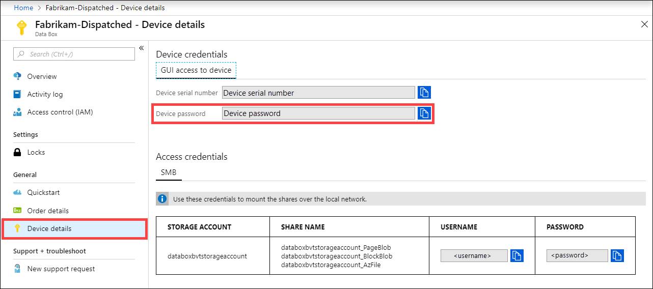 Screenshot: Gerätedetails für ein Data Box-Gerät im Azure-Portal. Das Menüelement „Gerätedetails“ und die Option „Gerätekennwort“ sind hervorgehoben.