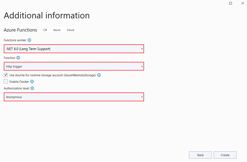 Screenshot der Azure Functions-Projekteinstellungen