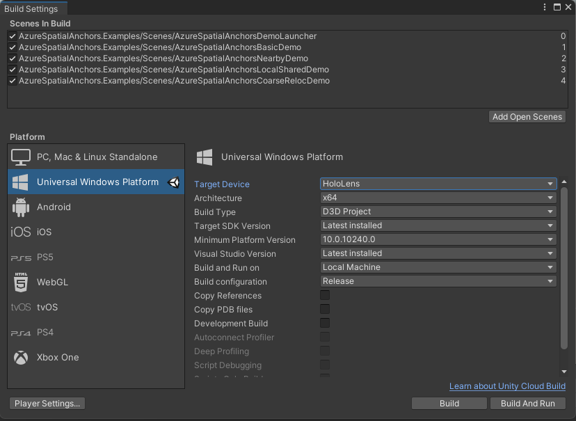 Screenshot des Bereichs für Unity-Buildeinstellungen – HoloLens