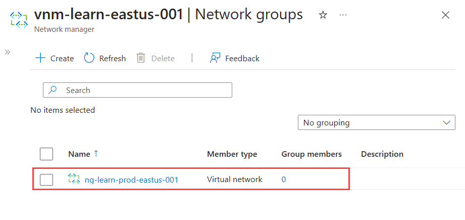 Screenshot einer neu erstellten Netzwerkgruppe im Bereich mit der Liste der Netzwerkgruppen.