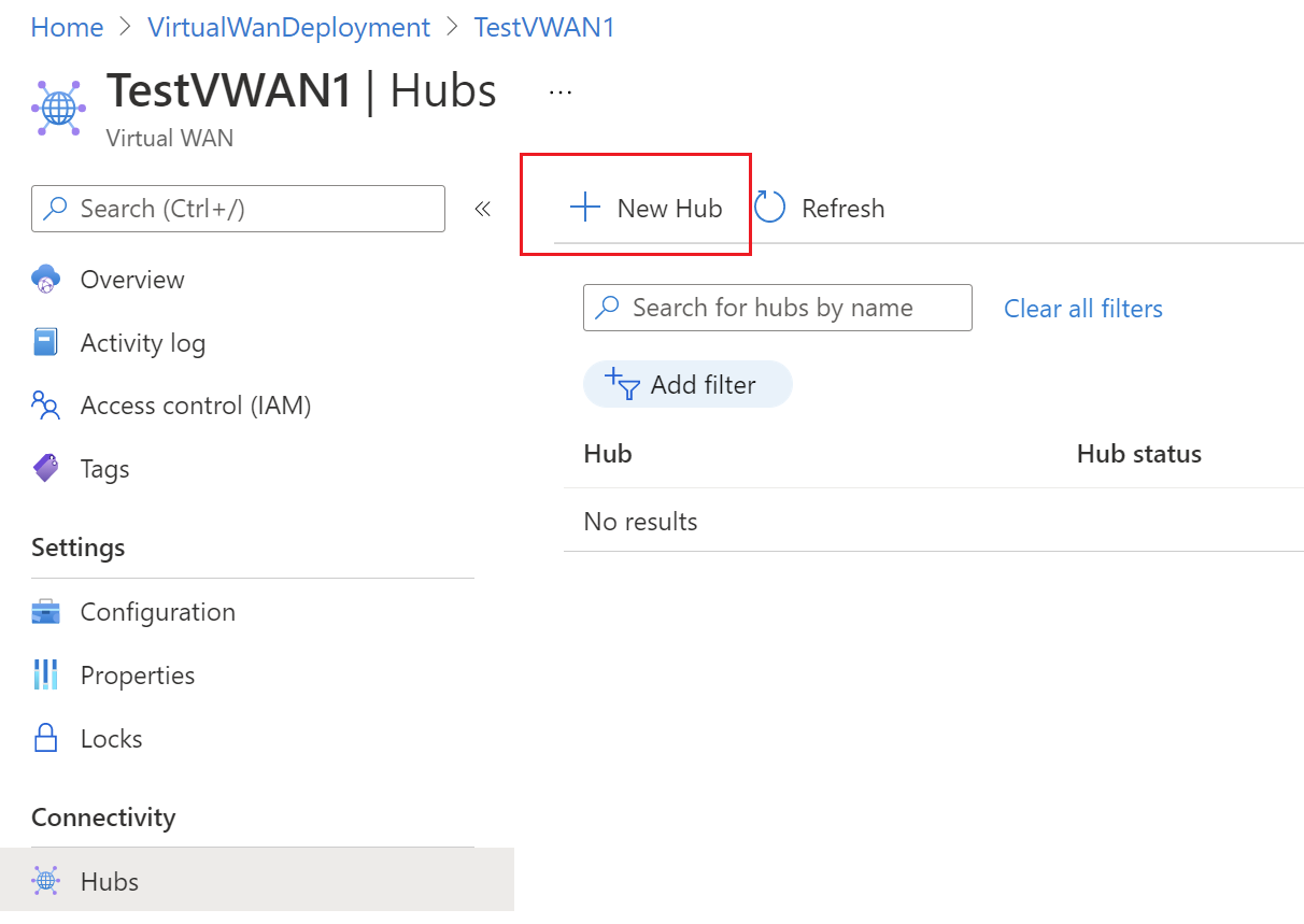 Der Screenshot zeigt das Konfigurationsdialogfeld „Hubs“, in dem „Neuer Hub“ ausgewählt ist.