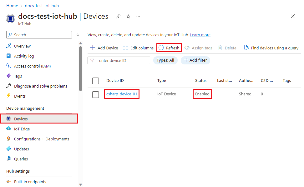 Der Screenshot zeigt, dass das Gerät beim IoT-Hub registriert und für das C#-Beispiel aktiviert wurde.