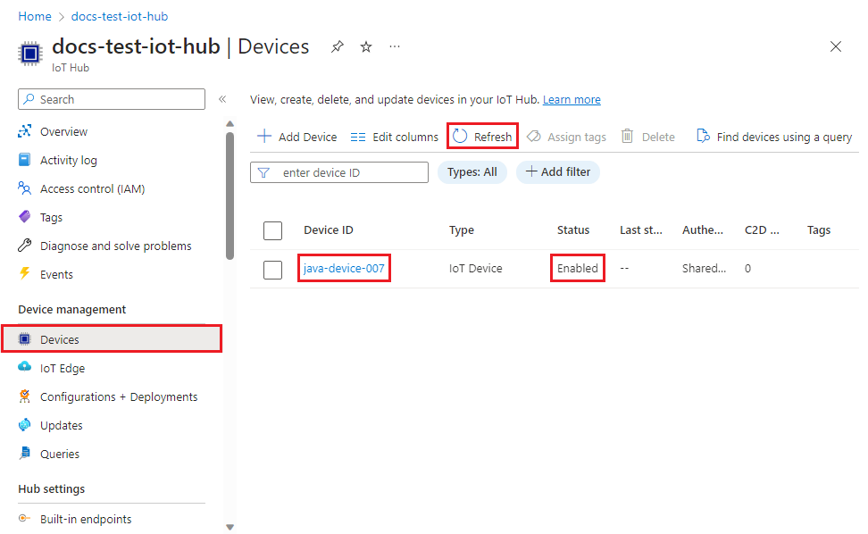 Der Screenshot zeigt, dass das Gerät beim IoT-Hub registriert und für das Java-Beispiel aktiviert wurde.