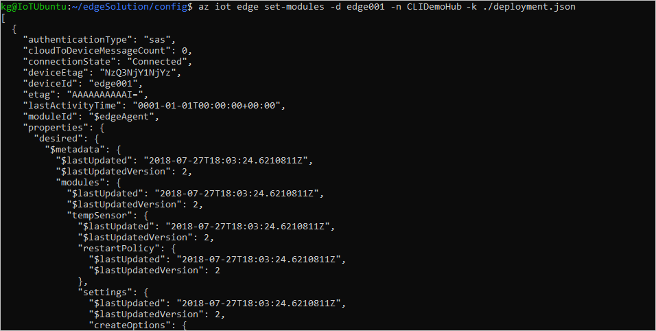 Screenshot der Befehlszeilenausgabe von „az iot edge set-modules“