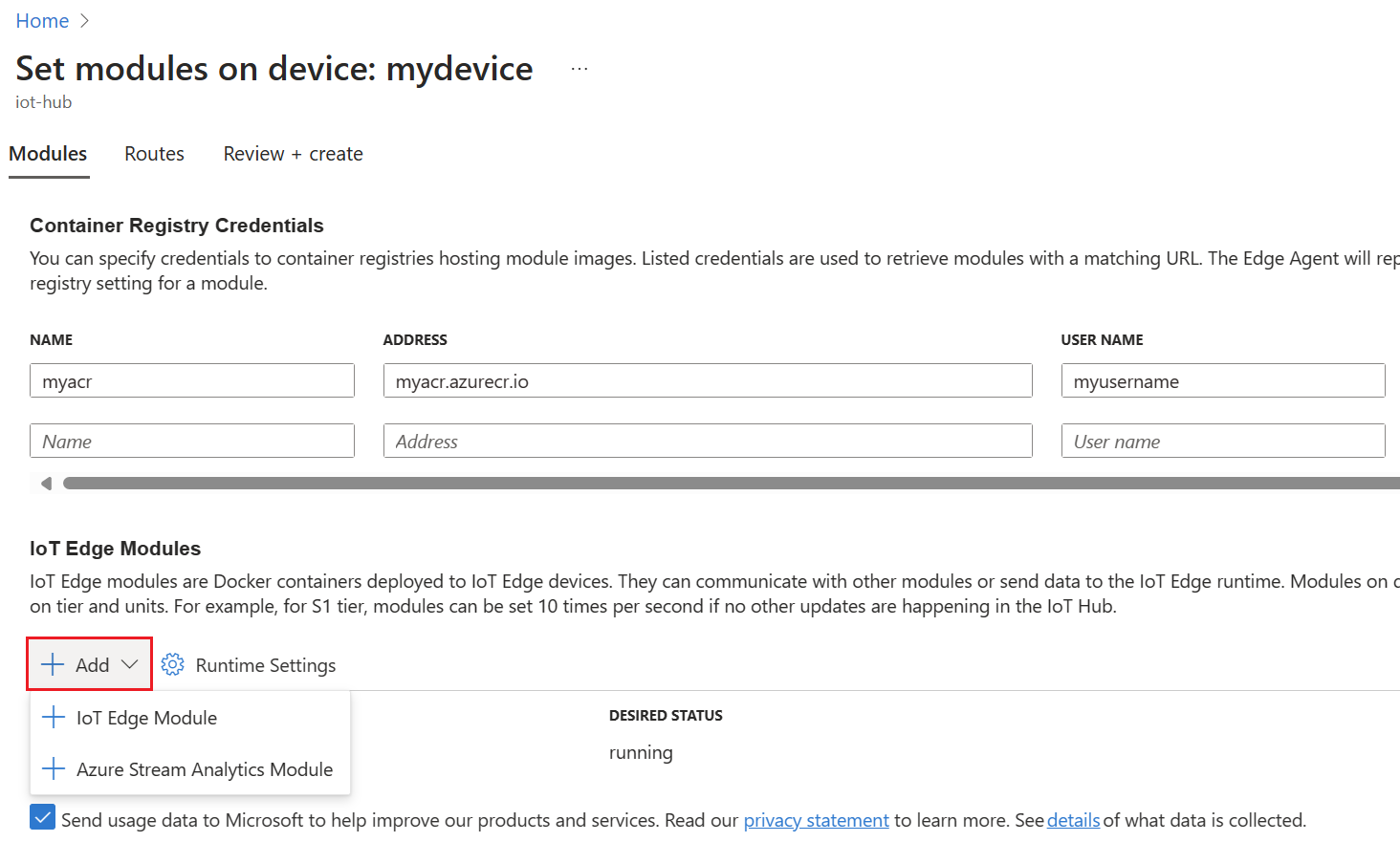 Screenshot der Auswahl der Symbolleistenschaltfläche „IoT Edges-Module hinzufügen“ im Azure-Portal.