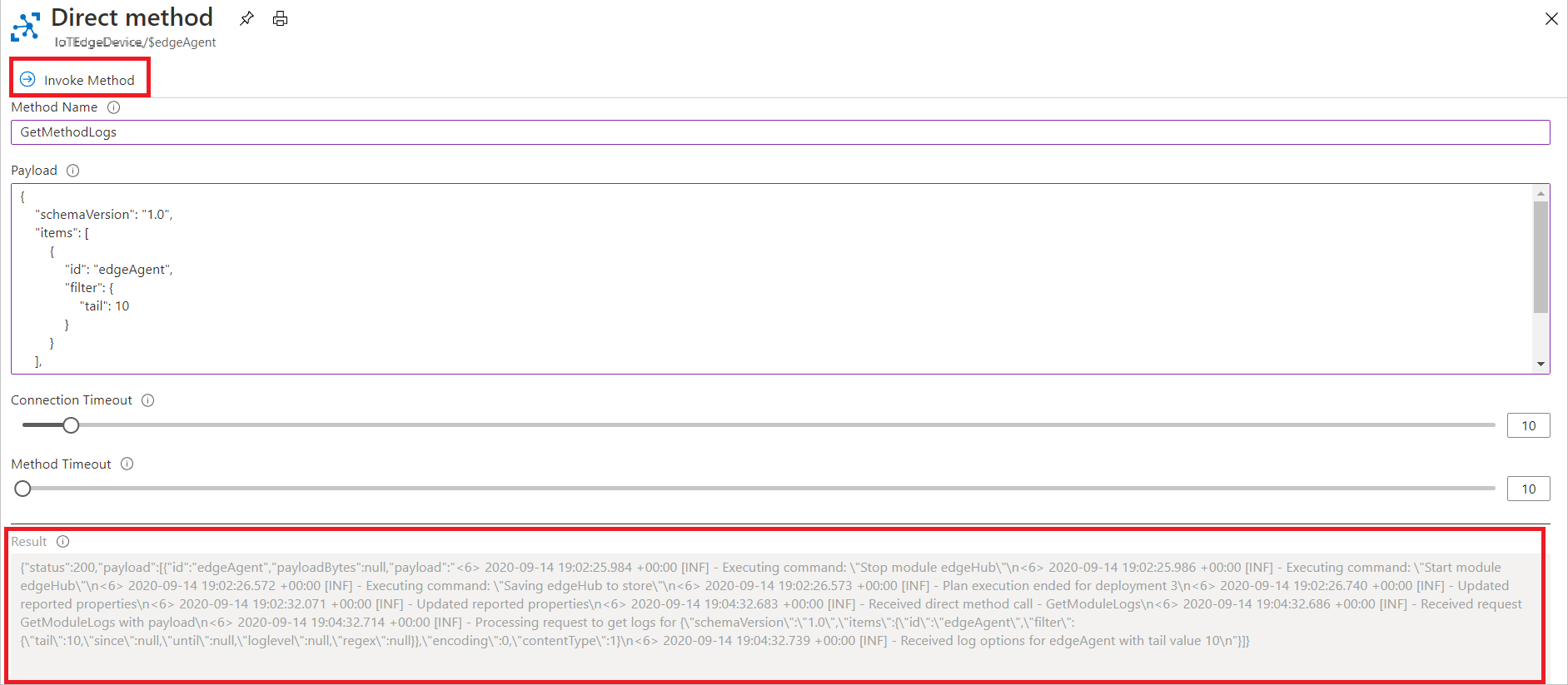 Screenshot zum Aufrufen der direkten Methode „GetModuleLogs“ im Azure-Portal.