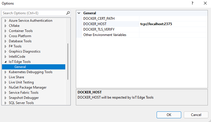 Screenshot der Einstellungen für IoT Edge Tools