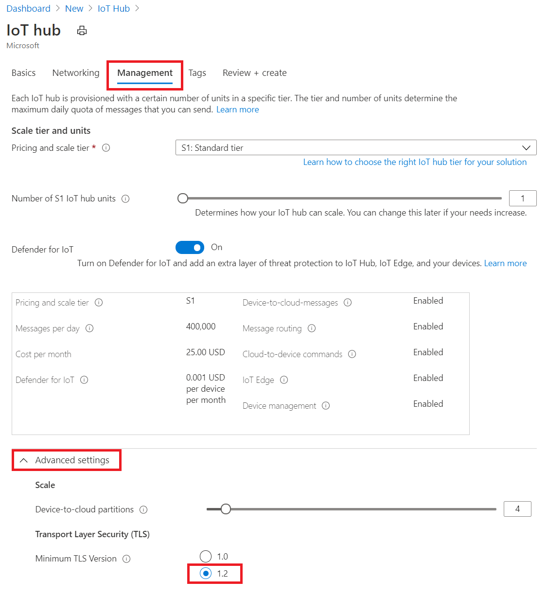 Screenshot der Aktivierung der TLS 1.2-Erzwingung während der IoT-Hub-Erstellung