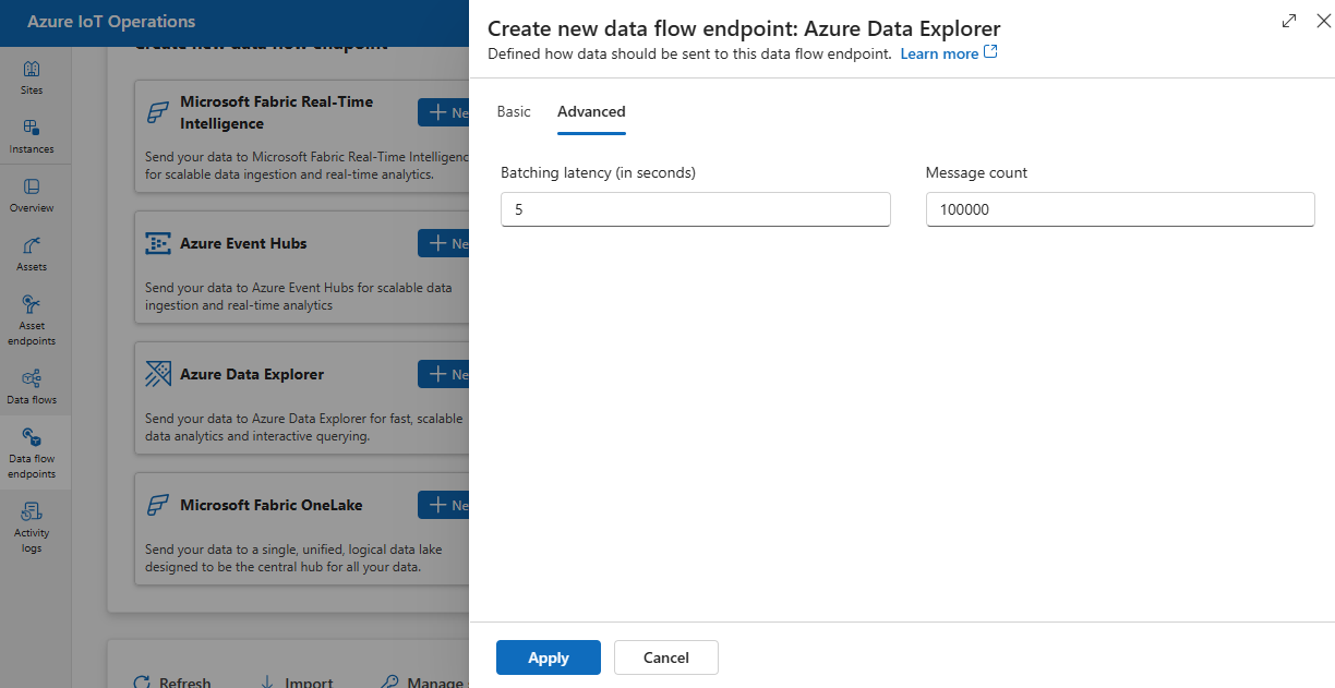 Screenshot, der die Erfahrung aus dem Einsatz nutzt, um erweiterte Einstellungen für Azure Data Explorer festzulegen.