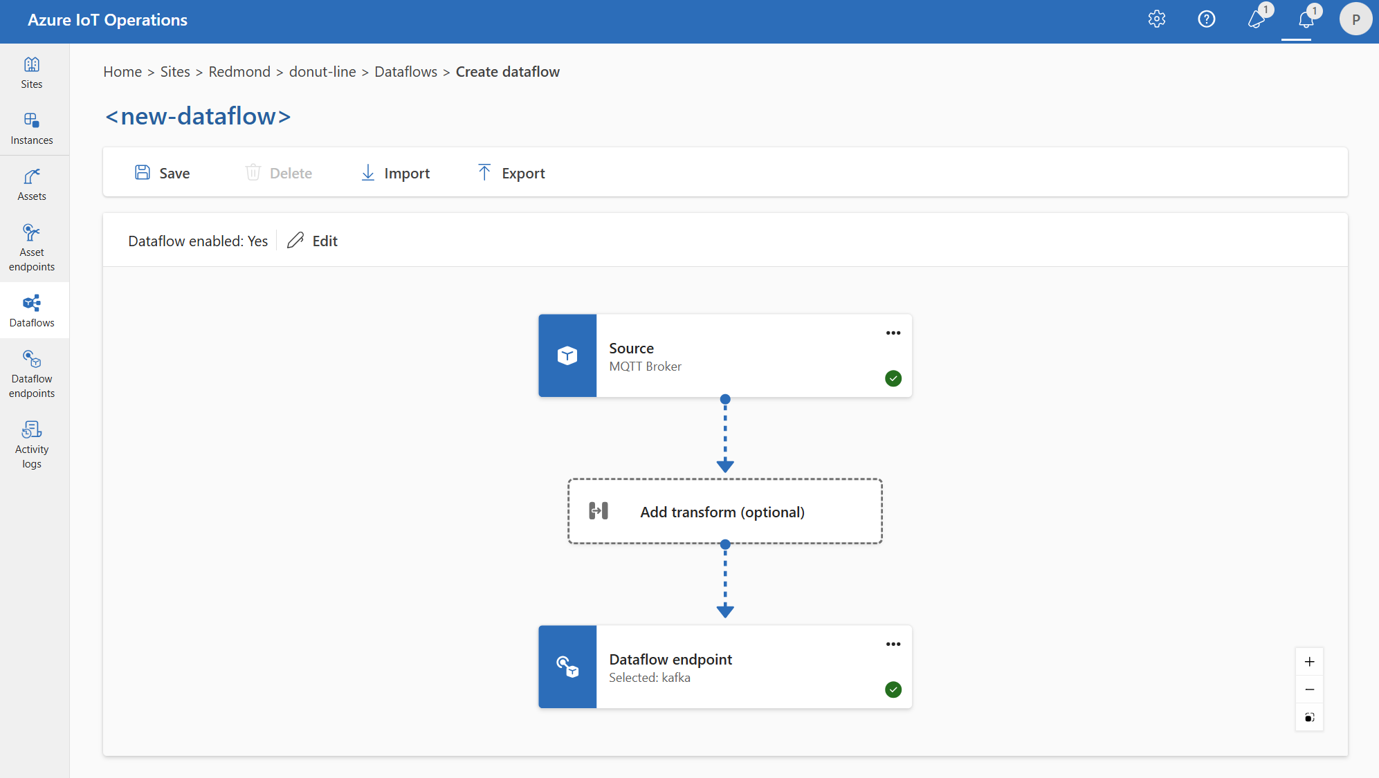 Screenshot der Verwendung der Einsatz-Oberfläche zum Erstellen eines Datenflusses von MQTT zu Kafka.