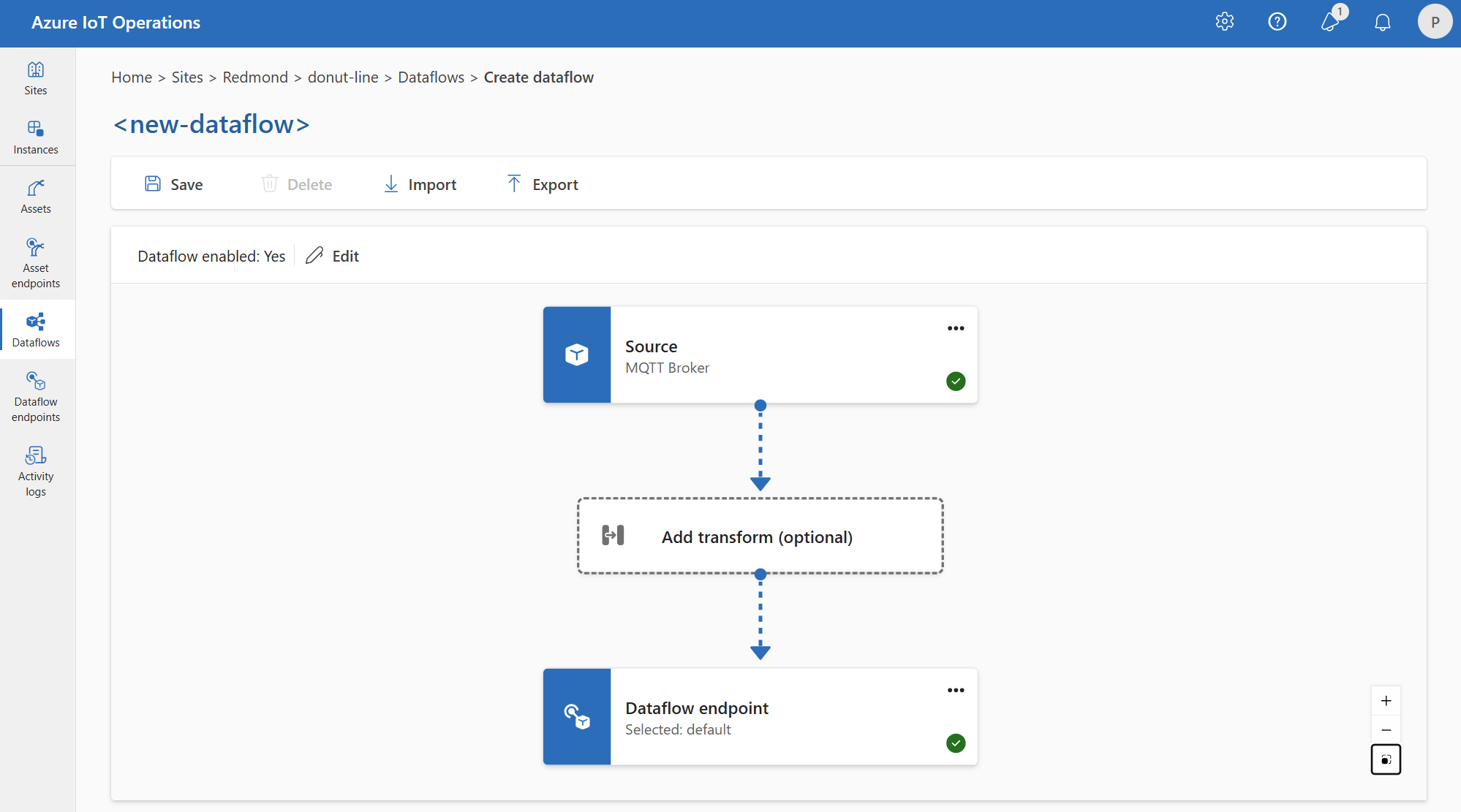 Screenshot der Verwendung der Einsatz-Oberfläche zum Erstellen eines Datenflusses von MQTT zu MQTT.